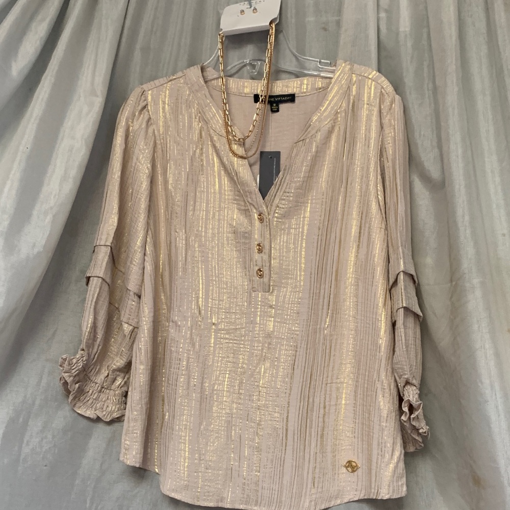 Adrienne Vittadini Metallic Stripe Ruffled Sleeve Blouse - Beige Gold